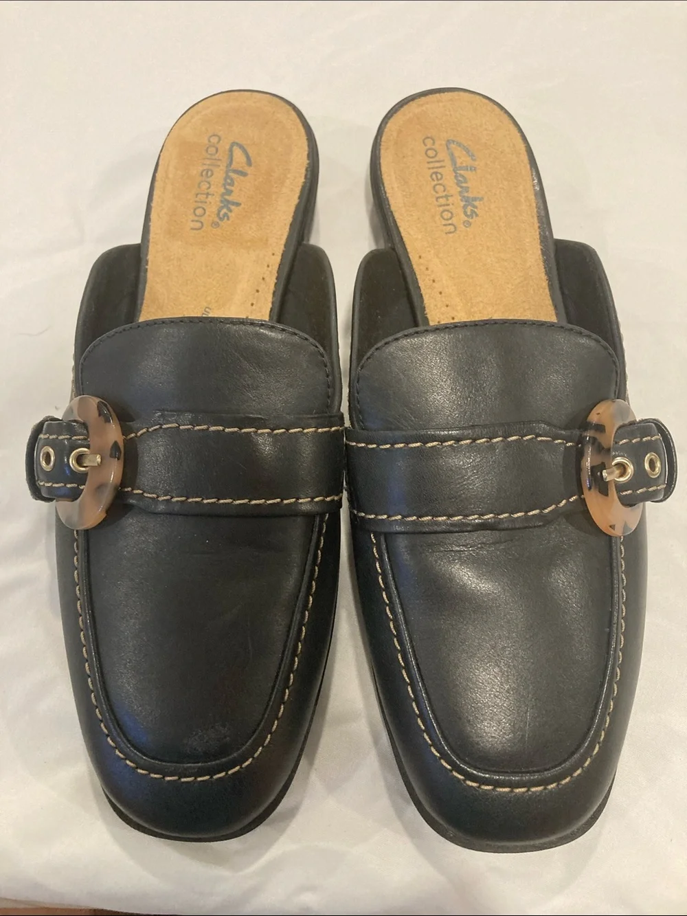 Clarks Black Leather Buckle Mule Flats